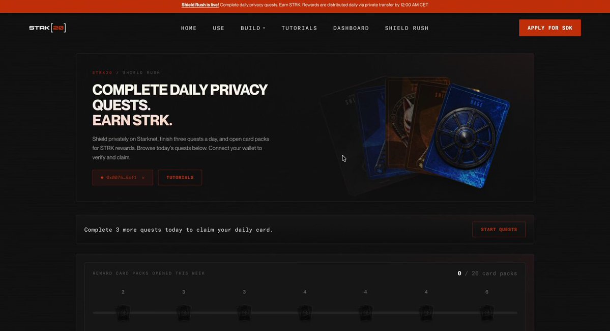 The image shows a website called "strk20.starknet.io" with a black background, red text, and a blue and brown card displaying a casino game logo. The website appears to be related to gaming or gambling, as indicated by the presence of the casino game logo on the screen. The post suggests that users should keep their streak going in order to maintain their streak at the casino.