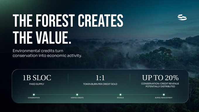 A dark promotional banner with the headline 'THE FOREST CREATES THE VALUE' about environmental credits, featuring stats '1B $LOC FIXED SUPPLY', '1:1 TOKEN BURN PER CREDIT SOLD', and 'UP TO 20% CONSERVATION-CREDIT REVENUE POTENTIALLY DISTRIBUTED'.