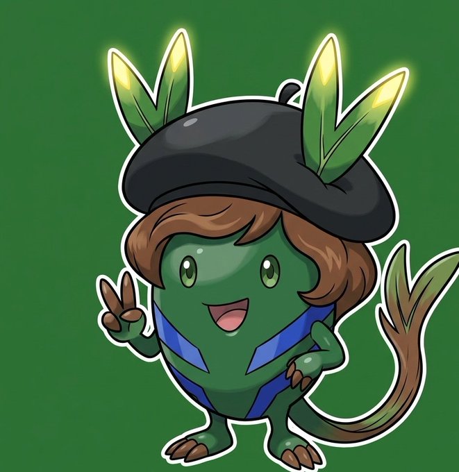 urn with a green body, brown head, and blue hat holding peace signs against a green background.