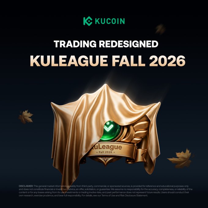 A KuCoin promotional graphic featuring the tagline "Trading Redesigned — KuLeague Fall 2026," showcasing a golden emblem partially unveiled beneath a flowing gold cloth alongside autumn leaves, visually building anticipation for the seasonal trading competition teased in the post.