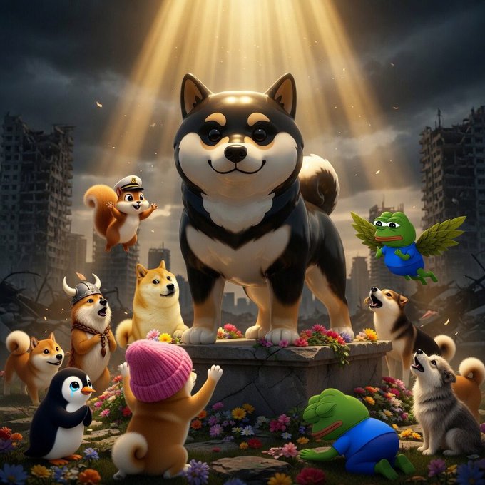 The image features a group of dogs, including a Shiba Inu dog wearing a pink hat, surrounded by flowers and other animals. The dogs are standing around each other with some appearing to be fighting or engaged in various activities. A caption below the image reads "Armies united fight Forever. $MANYU is stepping into the arena and we're NOT here to entertain... we're here to CONQUER! The Manyu army is locked in the arena and we're NOT here to entertain!!! #Manyu @RealManyu".