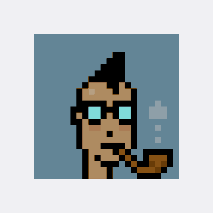 A pixel art character with a brown pompadour hairstyle, glowing cyan eyes, rosy cheeks, and a smoking pipe against a blue background, representing one of the CryptoPunks NFT collection. The image aligns with the post's description of a "clean 5 attribute punk" valued at 35 ETH, highlighting the "rosy cheeks" trait as a connoisseur's favorite.