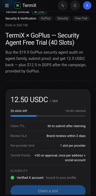 A mobile screenshot of the TermiX platform advertising a "TermiX × GoPlus — Security Agent Free Trial (40 Slots)" campaign offering 12.50 USDC per slot.