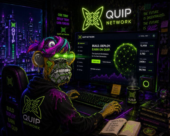 A vibrant cyberpunk-style digital illustration promoting 'QUIP NETWORK' with a neon green logo, featuring a stylized monkey character at a computer terminal with text including 'BUILD. DEPLOY. EARN ON QUIP' and various crypto/Web3 statistics.