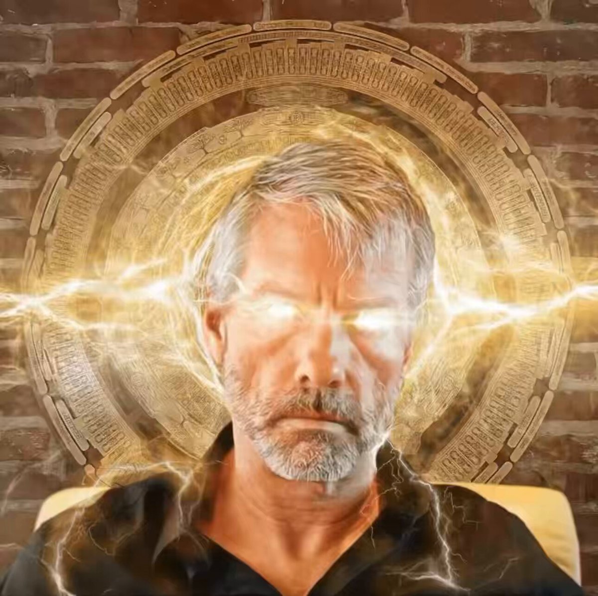 A gray-haired man with glowing white eyes and lightning-like energy radiating from his face appears in front of an ornate Aztec-style calendar wheel, set against a brick wall. The image conveys divine, almost prophetic power—fitting for the post's reference to "Volatility is Vitality" and the crypto ticker prices ($MSTR, $STRC, $STRD, $STRK, $STRF, $BTC), framing the speaker as an enlightened oracle guiding followers through what he calls the "maximum" phase of a volatile market.