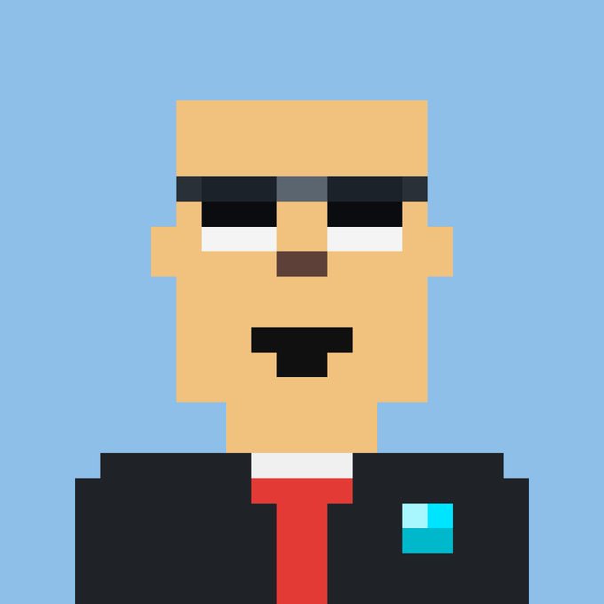 A pixel art portrait of a man with an eyepatch and goatee, wearing a black shirt and red tie, set against a light blue background.