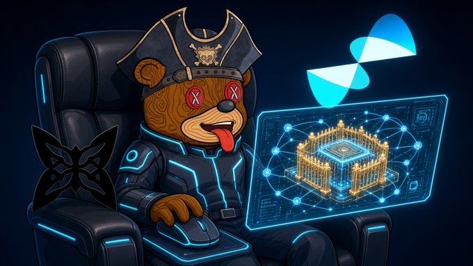 A digital illustration of a cartoon bear wearing a pirate hat and cyberpunk attire, sitting at a futuristic computer setup with glowing blue accents, displaying a quantum chip hologram alongside a quantum logo.