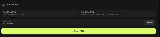 A "Creator fees" dashboard displays 0.011026 ETH in claimable earnings (with 0.011026 ETH already earned) from POAP across 1 sweep to the fee recipient wallet 0x72A6...8Abb, featuring a prominent "Claim ETH" button. The image illustrates the user claiming creator fees from their 6th wallet, as mentioned in the post.