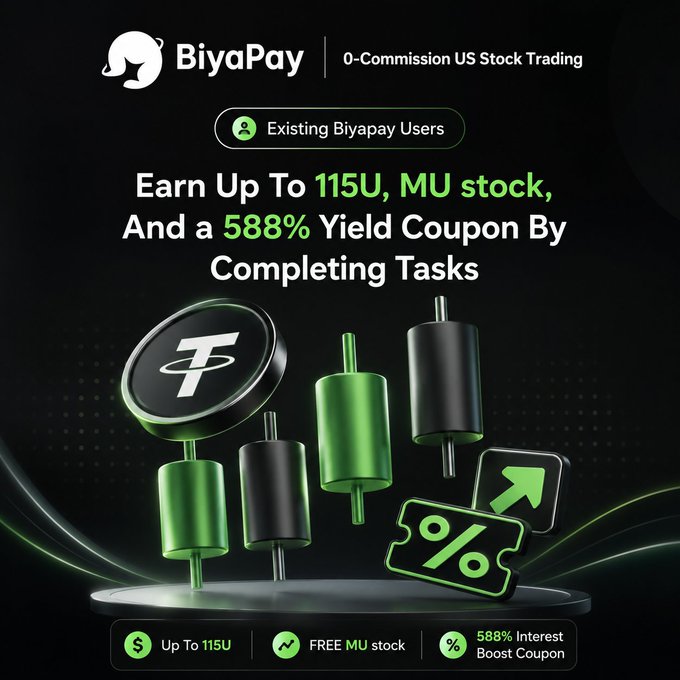 A promotional advertisement for BiyaPay advertising 0-commission US stock trading, offering existing users up to 115U, free MU stock, and a 588% yield coupon by completing tasks.