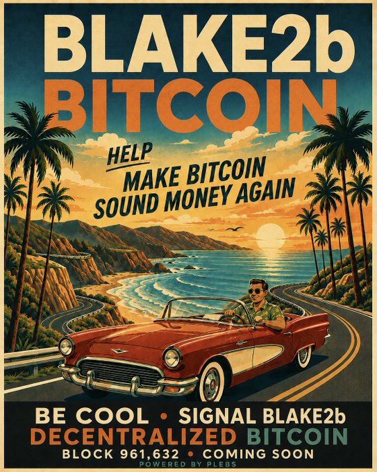 A vintage-style travel poster promotes "BLAKE2b BITCOIN," urging viewers to "BE COOL • SIGNAL BLAKE2b" and help "MAKE BITCOIN SOUND MONEY AGAIN," with a note that "BLOCK 961,632 COMING SOON." The image visually reinforces the post's message about a potential Bitcoin proof-of-work change to the BLAKE2b algorithm, replacing SHA-2 mining ahead of the specified block height.