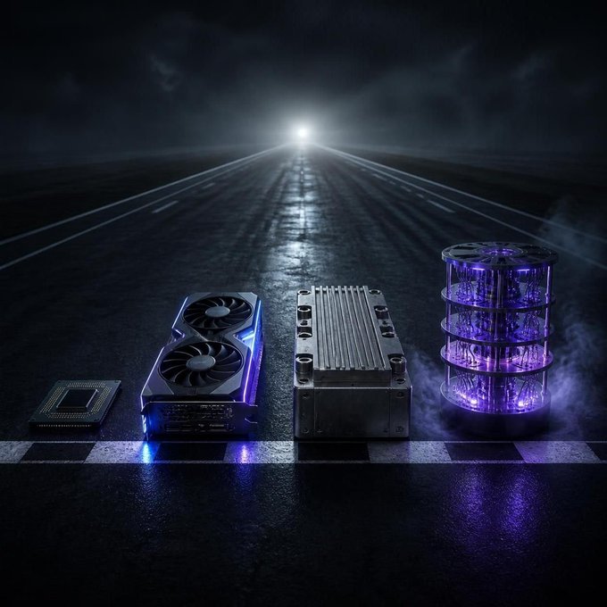 A stylized image displays computer hardware components including a graphics card, processor, heatsink, and what appears to be a quantum computing chamber, illuminated with purple light against a dark runway background.
