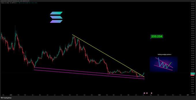 The image shows a TradingView candlestick chart of Solana (SOL/USD) featuring a descending wedge pattern with yellow and purple trendlines converging at support, alongside an inset diagram illustrating "Falling wedge pattern" breakout dynamics, with a highlighted price level at 233.234—visually reinforcing the post's claim that SOL has begun its "green wave" breakout.