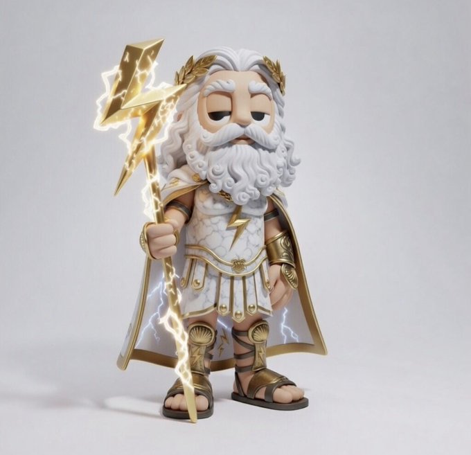 A 3D-rendered figurine of a bearded Greek god, likely Zeus, wearing a white and gold tunic, laurel wreath, and cape, holding a glowing lightning bolt.