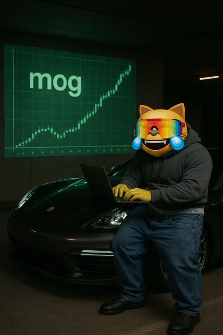 A meme image showing a figure wearing a rainbow-lens cat emoji mask sitting on the hood of a black Porsche, typing on a laptop in front of a projected chart labeled "mog" showing an upward trend.