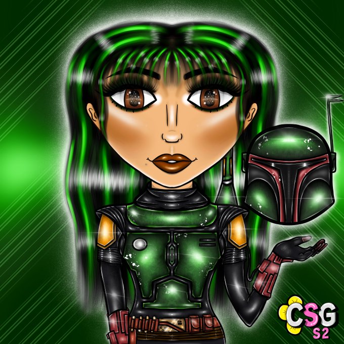 A stylized cartoon illustration depicts a female character with black hair streaked in green wearing Mandalorian-style armor while holding up Boba Fett's helmet, with a 'CSG S2' logo in the corner.