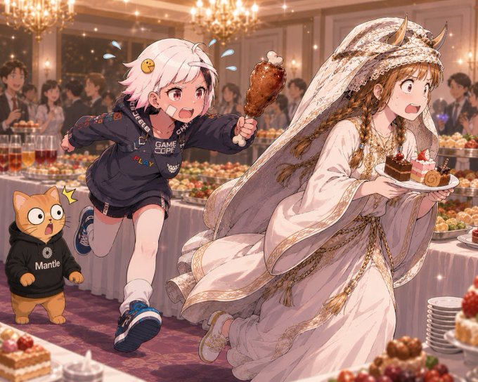 An anime-style illustration shows a girl in a dark jacket and a bride in a white dress running through a banquet hall, while a cat wearing a 'Mantle' hoodie chases after them.