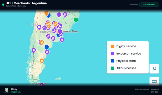 An interactive map titled 'BCH Merchants: Argentina' showing merchant locations across Argentina, with a legend distinguishing digital service (orange), in-person service (purple), physical store (blue), and all businesses (green), credited to @BCHMinty on 2020-06-24.