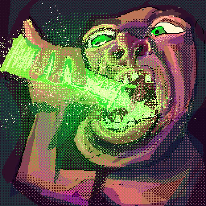 A pixel art style distorted portrait featuring a face with intense green eyes and glitch-like visual effects with green and purple tones.