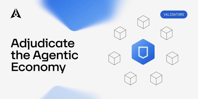**Caption:** A promotional graphic for GenLayer featuring the headline "Adjudicate the Agentic Economy" alongside a "VALIDATORS" tag and a network of connected cubes surrounding a central blue shield icon, visually reinforcing the post's message that GenLayer serves as the adjudication layer resolving disputes in an AI-driven economy projected to move $9 trillion by 2030.