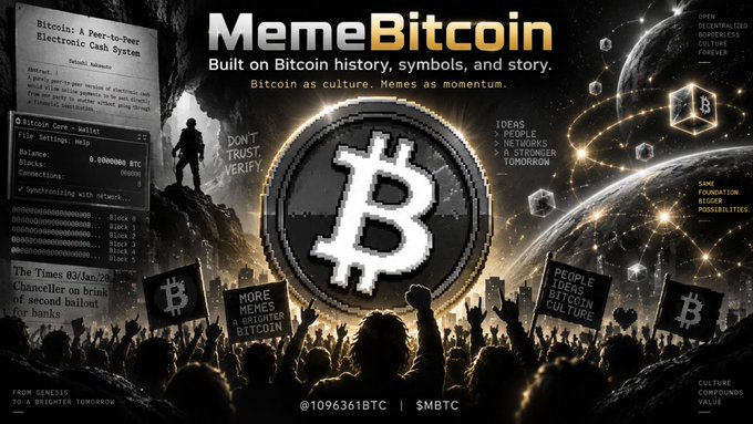 A promotional graphic for 'MemeBitcoin' ($MBTC) featuring a large Bitcoin logo, a Bitcoin Core wallet interface, and text including 'Built on Bitcoin history, symbols, and story,' 'DON'T TRUST VERIFY,' and '@1096361BTC'.
