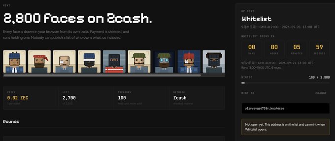 A webpage for a digital art NFT collection called '2,800 Faces on 3cash' on the Minted platform, showing pixel art characters and a whitelist mint countdown timer.