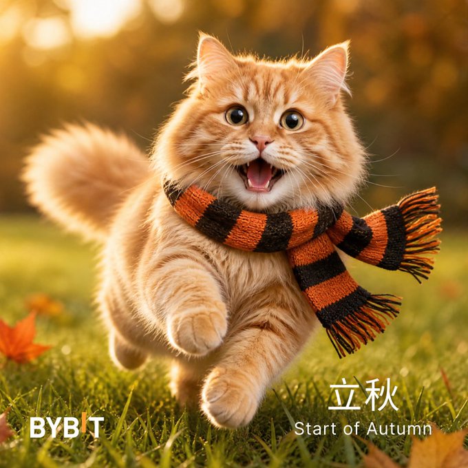 An orange tabby kitten running through grass, wearing an orange and black striped scarf, with the text 'BYBIT', '立秋', and 'Start of Autumn' displayed.