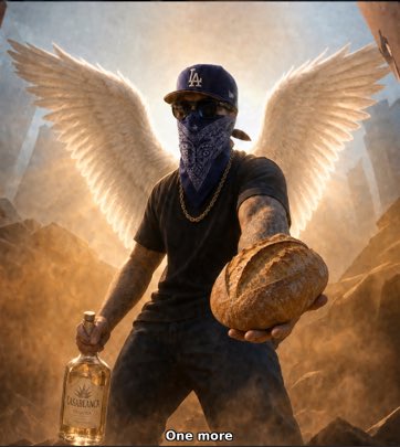 A stylized image depicting a man wearing an LA Dodgers cap and bandana with large white angel wings, holding a bottle labeled 'TEQUILA' in one hand and a loaf of bread in the other, with the caption 'One more'.