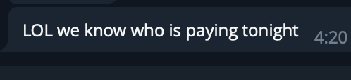 A Telegram message at 4:20 reads "LOL we know who is paying tonight," humorously tying into the post's joke about social trading's real problem—not the inability to exit positions, but friends finding out when you made money and hitting you up to pay for the night out.