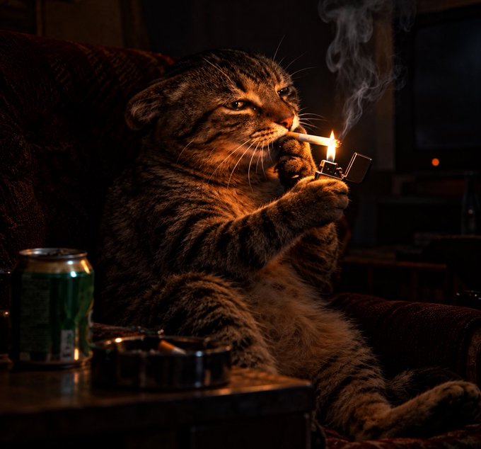 A tabby cat sits in a dimly lit room holding a lit lighter to a cigarette, with a soda can and ashtray on the table nearby.