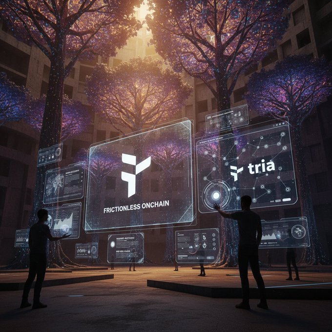 The image shows a group of people standing around a large screen displaying various graphs and charts related to cryptocurrency trading. The screens are connected by a network of wires, suggesting that they are part of an interactive display or exhibition. The people appear to be engaged with the content on the screens, possibly discussing or analyzing the information presented. The post about GM. We’ve been preaching mass adoption while forcing people through ten pop-ups and three bridges to buy a jpeg. I'm over it. @useTria is finally ripin' out that friction and making onchain feel normal. Invisible accounts, unified liquidity, one balance you actually own. Trade". The image seems to be promoting the idea of using cryptocurrency for trading or investing in digital assets, with a focus on the user-friendly nature of the technology.