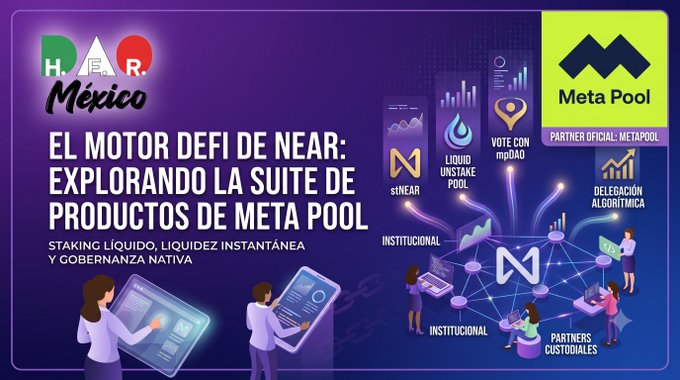 Promotional graphic by HER México highlighting Meta Pool as "EL MOTOR DEFI DE NEAR" (The DeFi engine of NEAR), showcasing 5 key products on the NEAR Protocol ecosystem: stNEAR (Liquid Unstake Pool), Institutional services, Vote with mpDAO, Algorithmic Delegation, and Customizable Partners, with the Meta Pool logo displayed as an official partner.