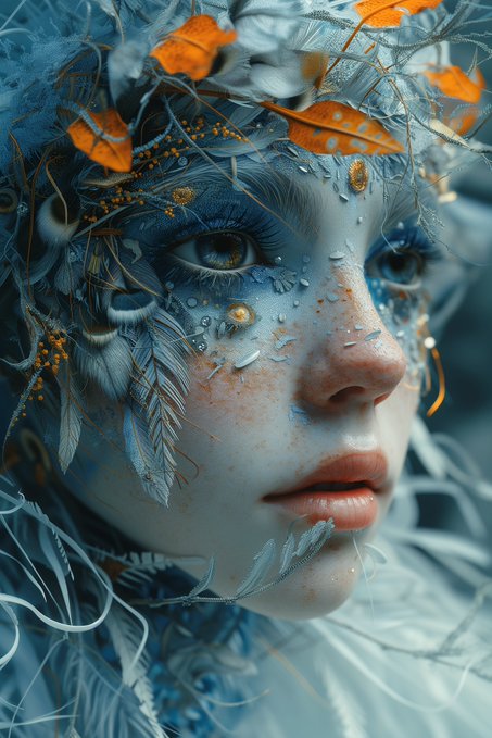 A close-up portrait of a figure with pale blue skin and intricate feathered textures, accented by bright orange leaves on her head and matching freckles across her face, gazing thoughtfully to the side. The dreamy, otherworldly artwork visually echoes the "Blue Atmosphere" title of the NFT edition being celebrated, capturing a serene, nature-infused mood.