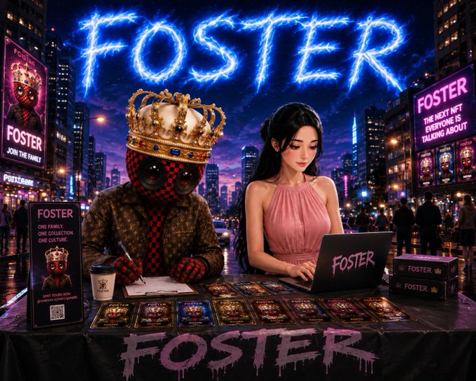 A promotional artwork titled "FOSTER" showing a crowned red-and-black checkered character and a woman at a table with a laptop and merchandise, surrounded by neon signage reading "FOSTER - ONE FAMILY, ONE COLLECTION, ONE CULTURE" and "THE NEXT NFT EVERYONE IS TALKING ABOUT."