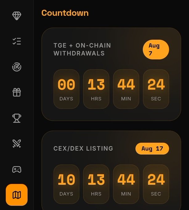 A countdown interface displays two upcoming events: a TGE + On-Chain Withdrawals on Aug 7 (in 00 days, 13 hours, 44 minutes, 24 seconds) and a CEX/DEX Listing on Aug 17 (in 10 days, 13 hours, 44 minutes, 24 seconds), with a sidebar of icons on the left. The timing of the imminent TGE countdown aligns with the warning, suggesting scammers may exploit the upcoming token launch to trick users into paying fees for fake airdrops.