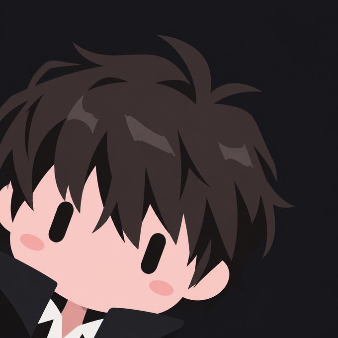 A chibi-style anime character with messy dark brown hair and black eyes looking downward.