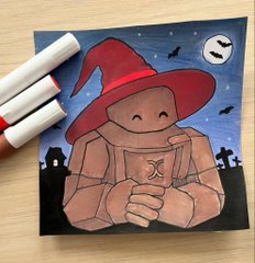 A hand-drawn illustration of a cute character in a red wizard hat and brown outfit holding a mug, set against a night sky with bats, a moon, and tombstones, with markers visible beside it.