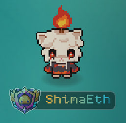 A pixel art character with white hair and a flame on its head is displayed above a badge labeled 'ShimaEth'.