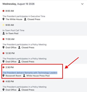A White House schedule for Wednesday, August 19, 2026, with a red arrow and box highlighting the 2:30 PM event: 'The President delivers Remarks with Technology Leaders' at the Roosevelt Room.