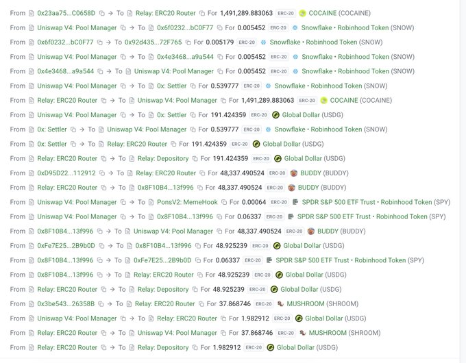 A list of cryptocurrency transactions on the Base network showing transfers involving tokens like COCAINE, Snowflake Robinhood Token (SNOW), BUDDY, Global Dollar (USDG), SHROOM, and SPY.