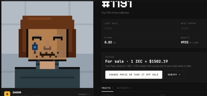 A pixel art NFT listing displays character #1191 'Zador' priced at 0.02 ZEC (~$1502.19), with rarity #932 of 2,800 and verification details visible.