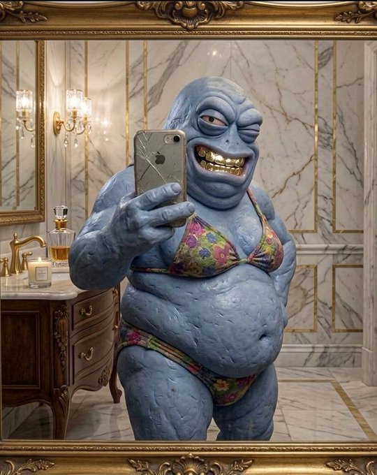 urns of gold and white, chandelier, marble wall with gold trim, mirror reflection of a blue statue holding a phone, dressed in a floral bikini top.