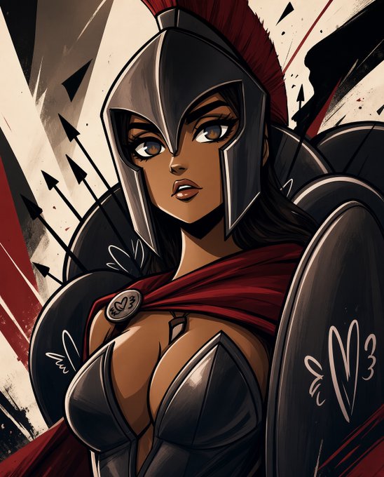 A digital illustration of a female warrior wearing a helmet with a red crest, holding a shield, rendered in an anime style.