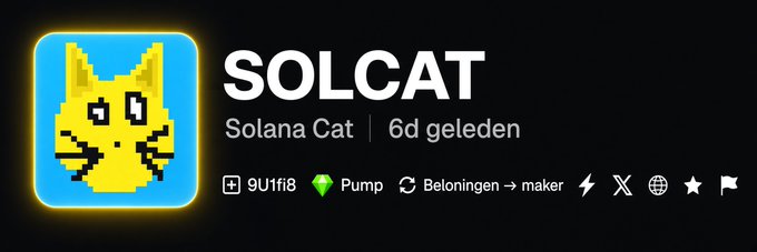 A cryptocurrency token profile for "SOLCAT" (Solana Cat) showing a pixelated yellow cat icon, the contract address "9U1fi8", and a Pump.fun badge noting "6d geleden" (6 days ago).