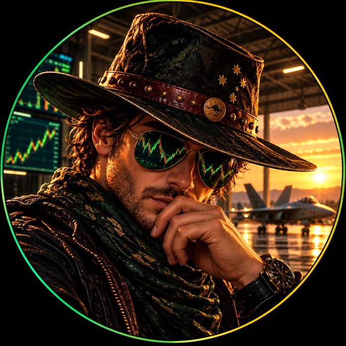 A stylized circular portrait shows a man wearing a brown cowboy hat and aviator sunglasses, with a fighter jet and sunset visible in the background.