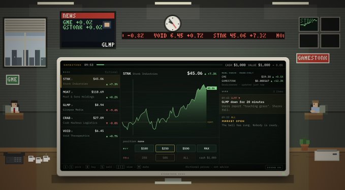 A retro-style stock trading game displays a monitor showing STNK at $45.06 (+7.3%), alongside a news ticker featuring GME and GSTONK, with accompanying terminal screens showing MOAT, GLMP, CRAB, and VOID ticker prices. The pixel art office scene with the "GAMESTONK" sign and rising chart visually represents the "Stonks" browser game referenced in the post, designed to let players experience the volatility of meme stock trading.