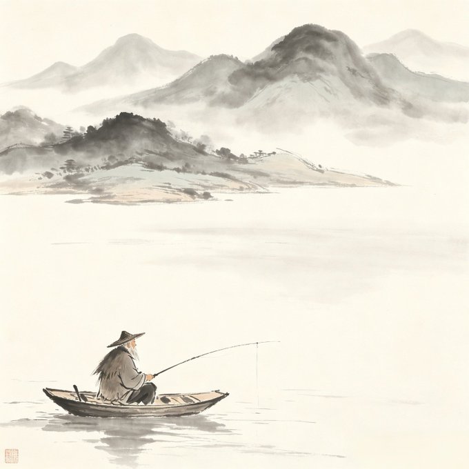 A traditional East Asian ink wash painting depicting a lone fisherman in a straw hat sitting in a small wooden boat, holding a long fishing rod against a misty mountainous backdrop.