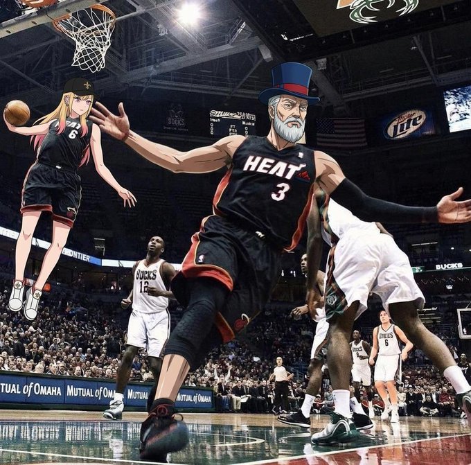 The image is an edited anime-style scene where an anime character in a Miami Heat jersey dunks a basketball while a cartoonish Uncle Sam figure in a Heat #3 jersey reaches out dramatically, with real NBA players like the Bucks #12 visible in the background, and "HEAT" and "3" on the jersey serve as a playful visual pun connecting to $AVAX's "rising up" message—symbolizing the Avalanche community striving for a winning "slam dunk" on the C-Chain.