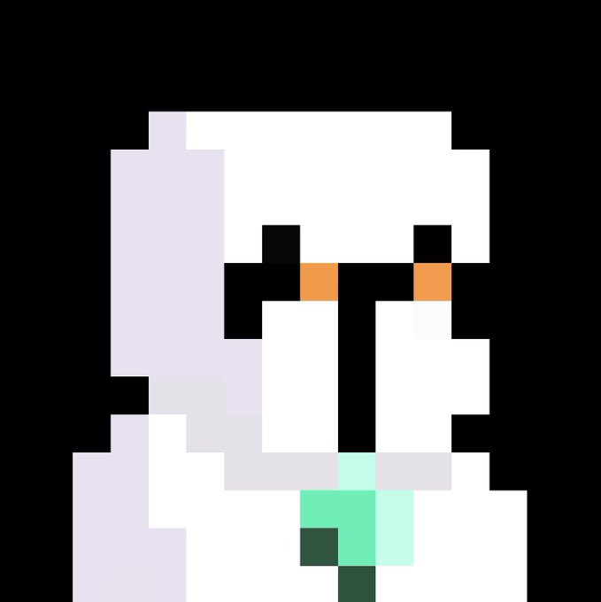 A pixel art image featuring a white ghost-like character with orange sunglasses and a green stem against a black background.