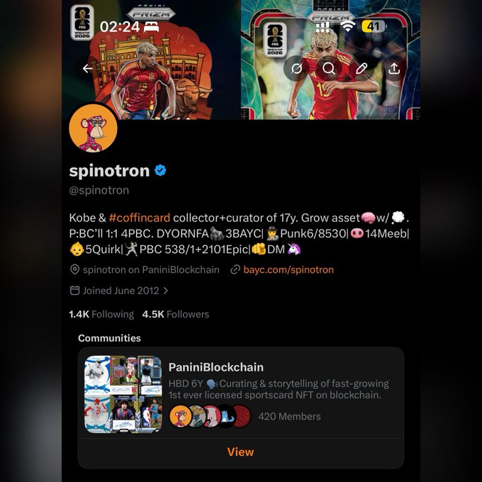 A Twitter profile for 'spinotron' (@spinotron), described as a Kobe & #coffincard collector and curator of 17 years, with 1.4K Following and 4.5K Followers, and a community section for PaniniBlockchain.
