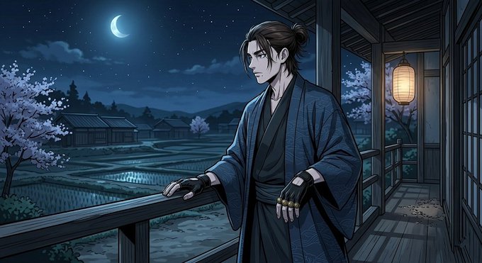 An anime-style illustration of a dark-haired man in a blue kimono standing on a wooden veranda at night, with a crescent moon, lanterns, and cherry blossom trees visible in the background.